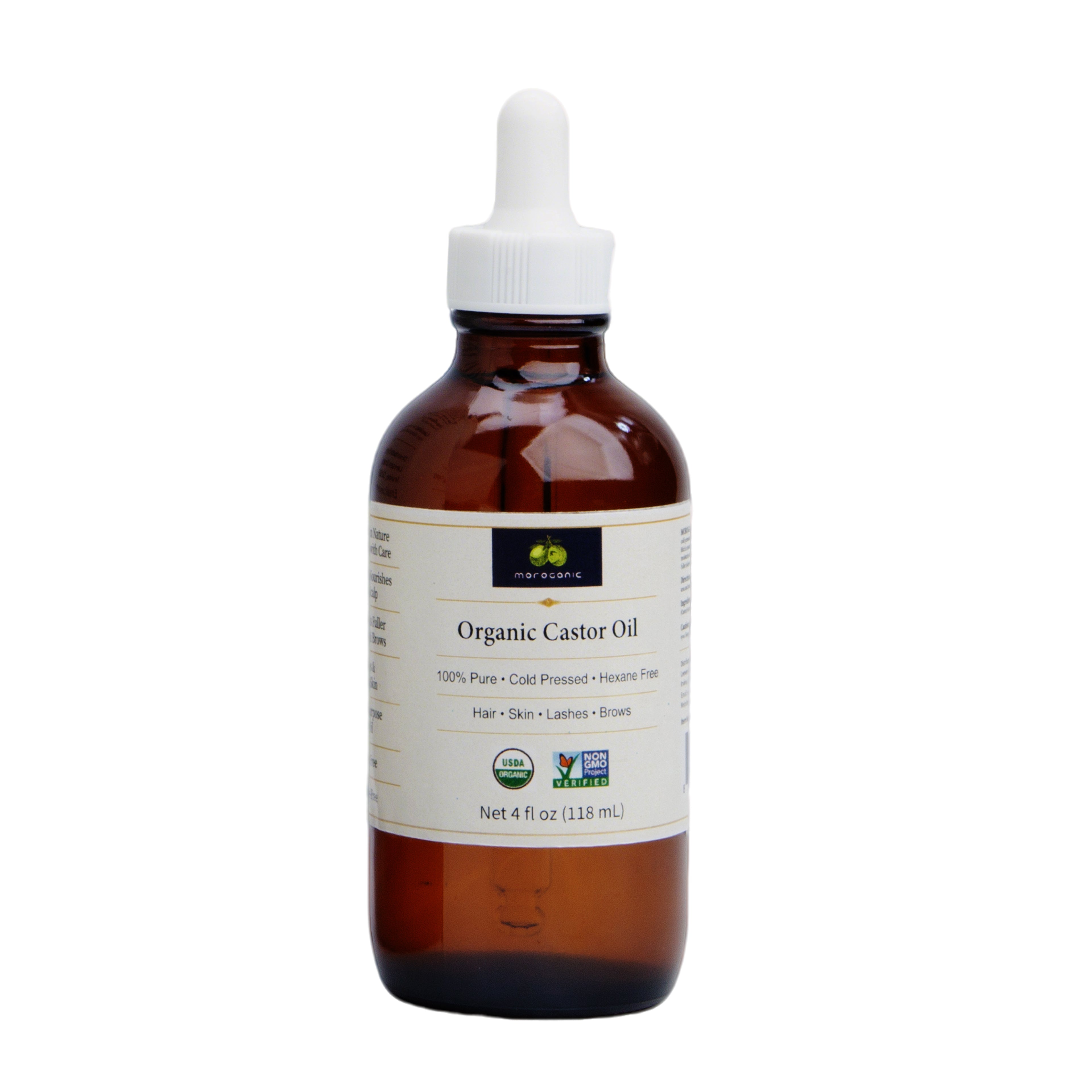 Moroganic 4oz Castor Oil, Cold Pressed Unrefined Hexane-Free Pure Natural Castor Oil for Hair Growth, Eyelashes, Eyebrows, Skin Moisturizing, Body & Nail Care, Multipurpose Organic Beauty Oil
