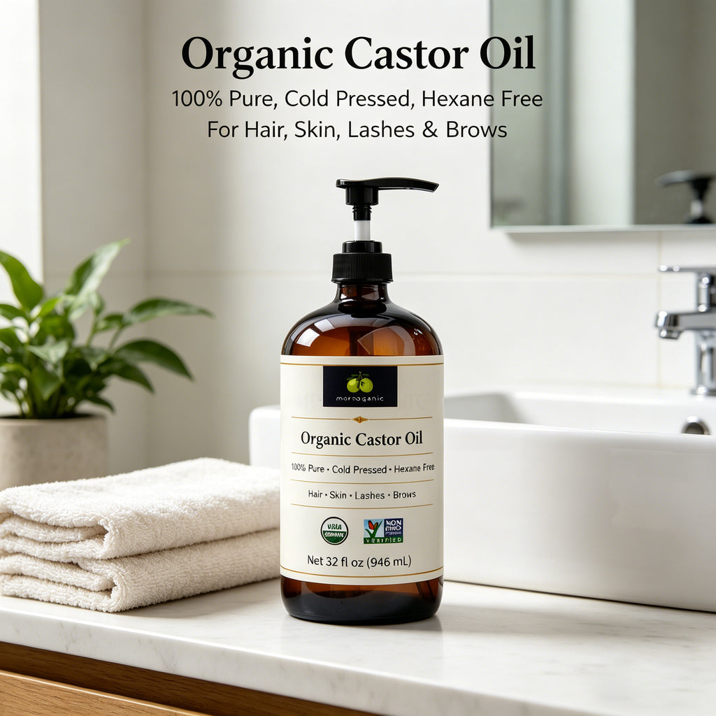 Moroganic 4oz Castor Oil, Cold Pressed Unrefined Hexane-Free Pure Natural Castor Oil for Hair Growth, Eyelashes, Eyebrows, Skin Moisturizing, Body & Nail Care, Multipurpose Organic Beauty Oil