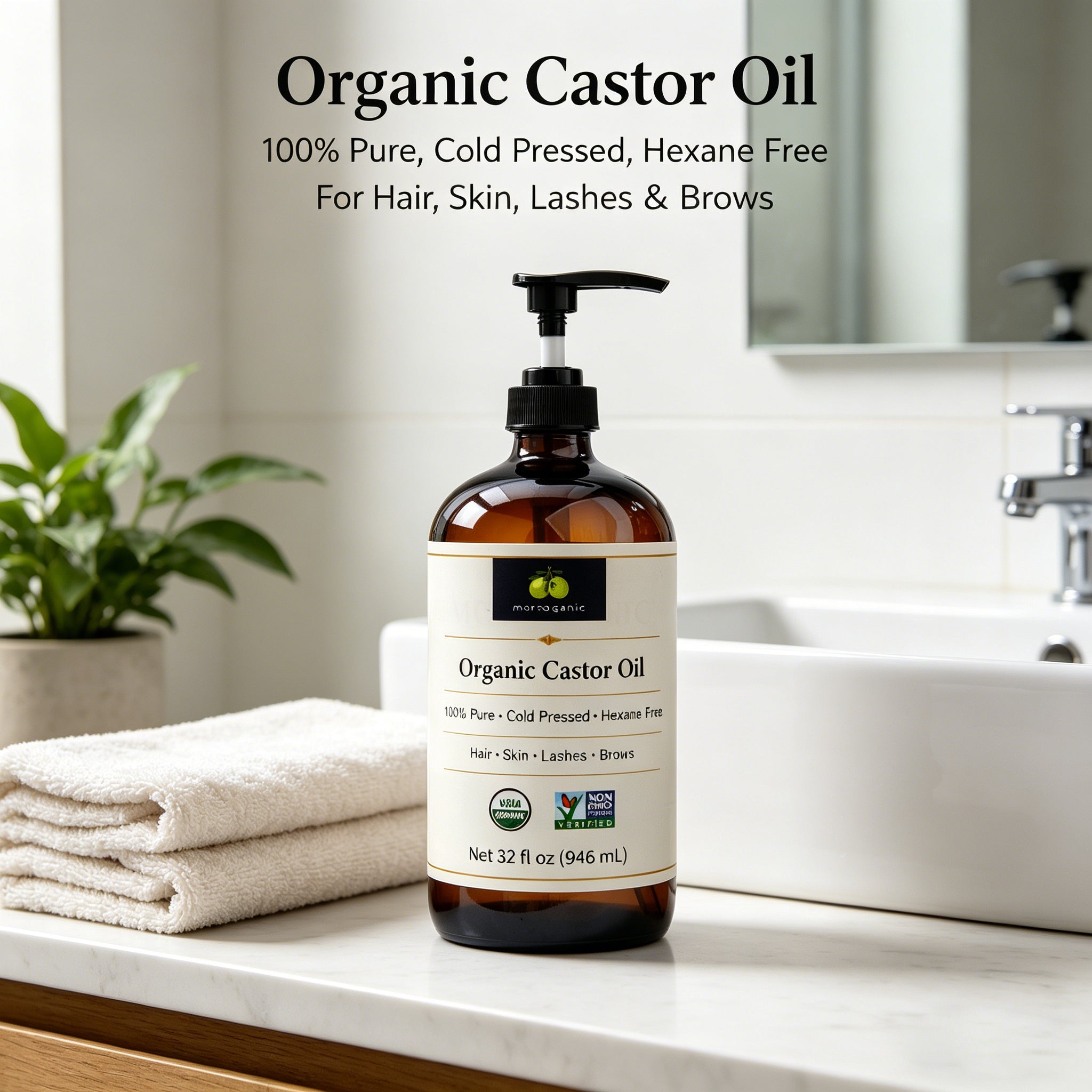 Moroganic 16oz Castor Oil, Cold Pressed Unrefined Hexane-Free Pure Natural Castor Oil for Hair Growth, Eyelashes, Eyebrows, Skin Moisturizing, Body & Nail Care, Multipurpose Organic Beauty Oil