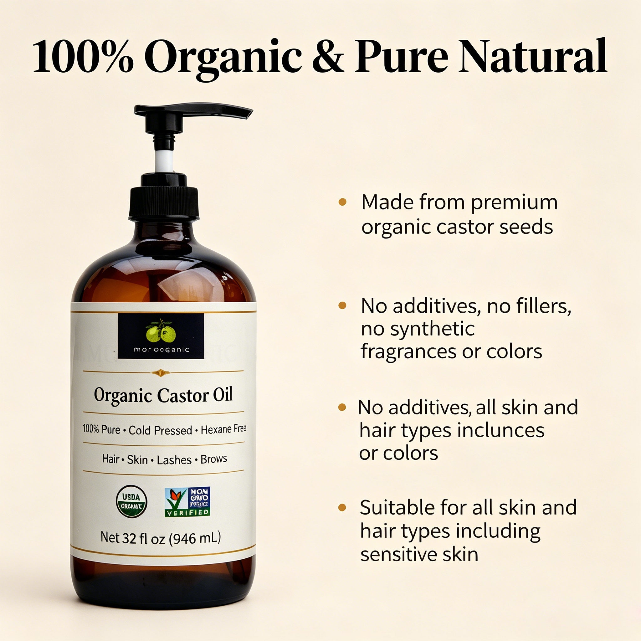 Moroganic 16oz Castor Oil, Cold Pressed Unrefined Hexane-Free Pure Natural Castor Oil for Hair Growth, Eyelashes, Eyebrows, Skin Moisturizing, Body & Nail Care, Multipurpose Organic Beauty Oil