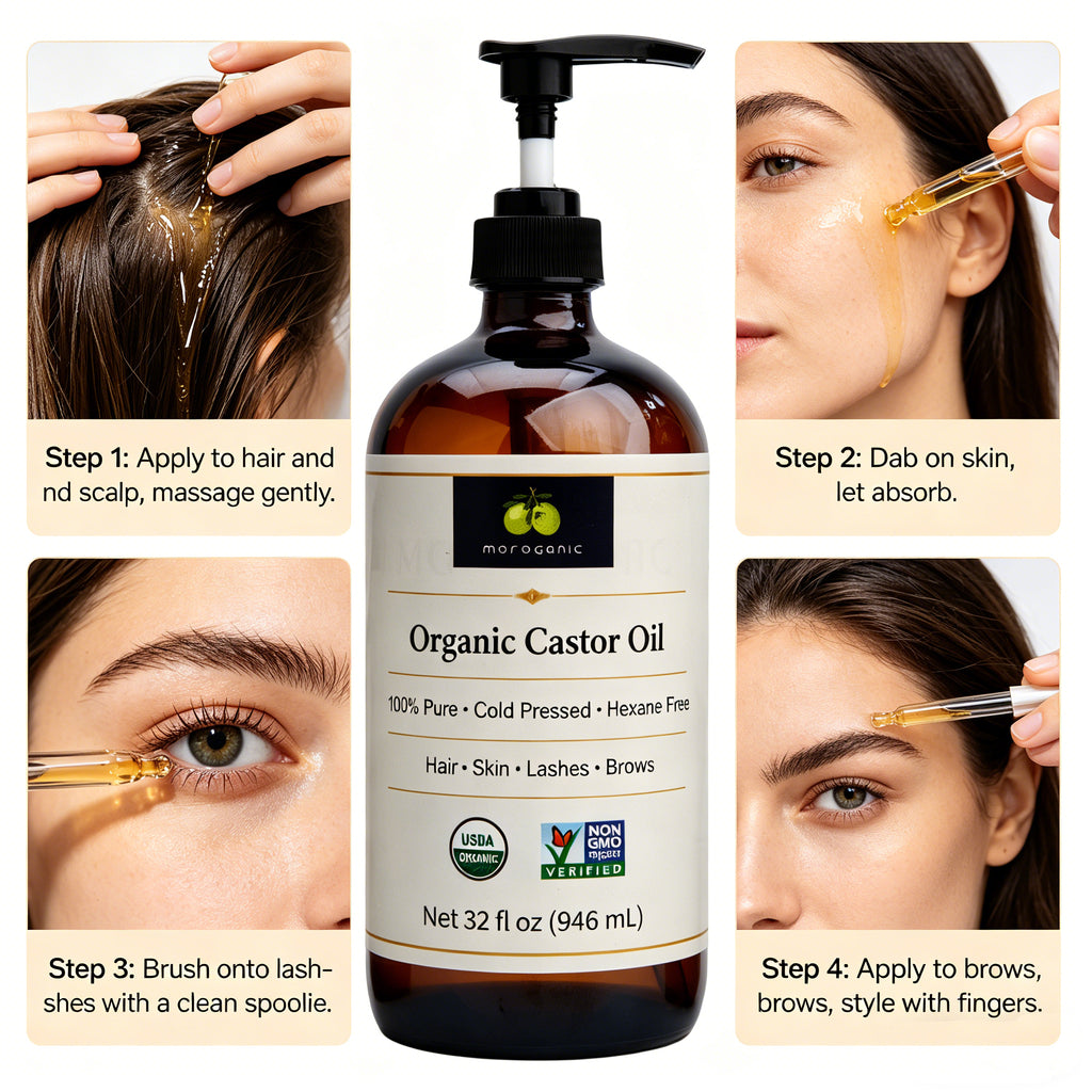 Moroganic 4oz Castor Oil, Cold Pressed Unrefined Hexane-Free Pure Natural Castor Oil for Hair Growth, Eyelashes, Eyebrows, Skin Moisturizing, Body & Nail Care, Multipurpose Organic Beauty Oil