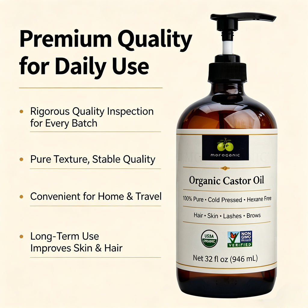 Moroganic 4oz Castor Oil, Cold Pressed Unrefined Hexane-Free Pure Natural Castor Oil for Hair Growth, Eyelashes, Eyebrows, Skin Moisturizing, Body & Nail Care, Multipurpose Organic Beauty Oil