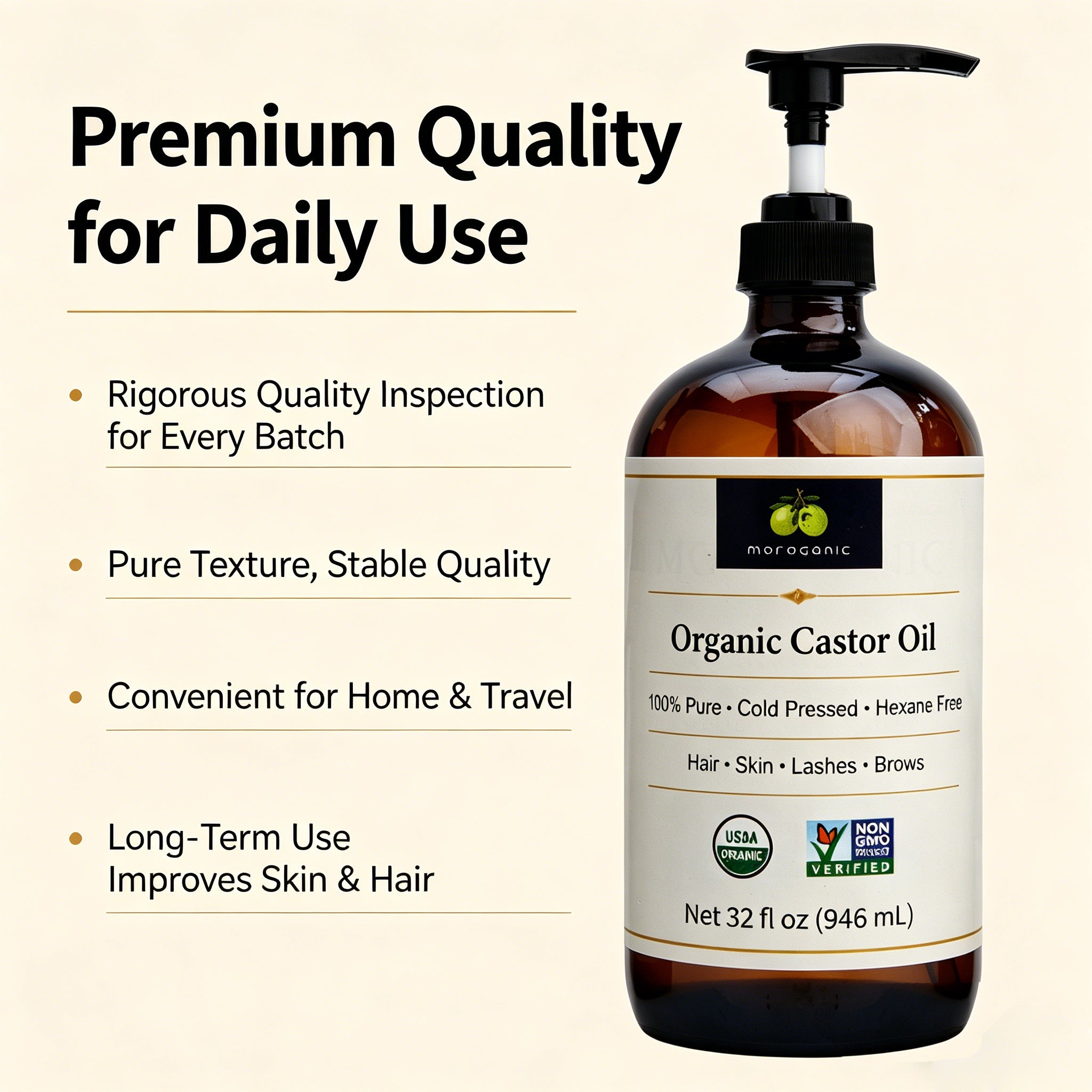 Moroganic 16oz Castor Oil, Cold Pressed Unrefined Hexane-Free Pure Natural Castor Oil for Hair Growth, Eyelashes, Eyebrows, Skin Moisturizing, Body & Nail Care, Multipurpose Organic Beauty Oil