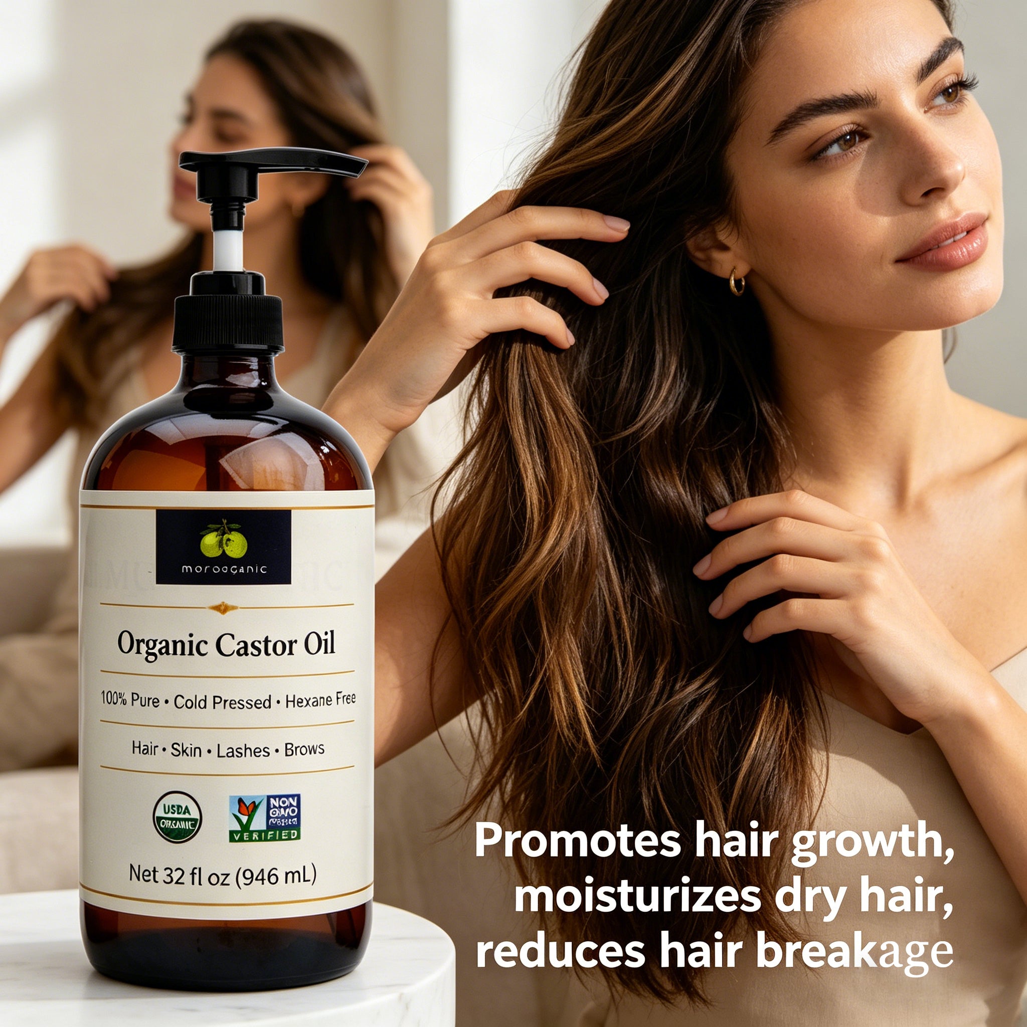 Moroganic 16oz Castor Oil, Cold Pressed Unrefined Hexane-Free Pure Natural Castor Oil for Hair Growth, Eyelashes, Eyebrows, Skin Moisturizing, Body & Nail Care, Multipurpose Organic Beauty Oil
