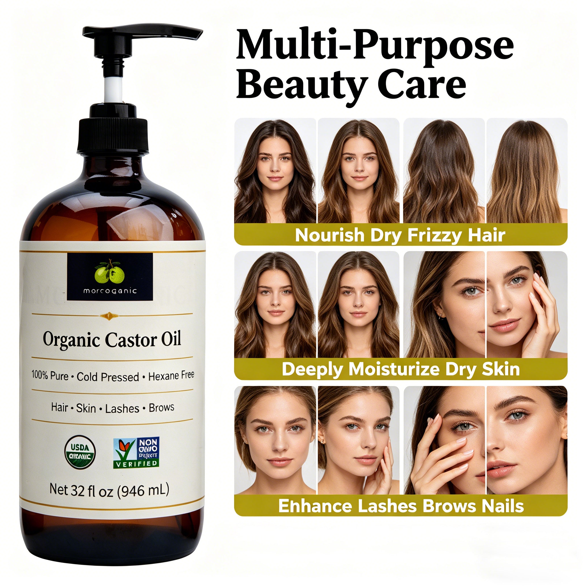 Moroganic 4oz Castor Oil, Cold Pressed Unrefined Hexane-Free Pure Natural Castor Oil for Hair Growth, Eyelashes, Eyebrows, Skin Moisturizing, Body & Nail Care, Multipurpose Organic Beauty Oil